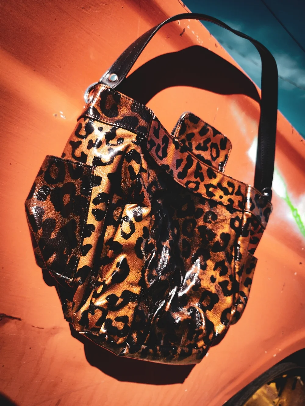 MICHE Lisa Leopard Print Shell Handbag Faux Patent Multi Pocket Tote Purse